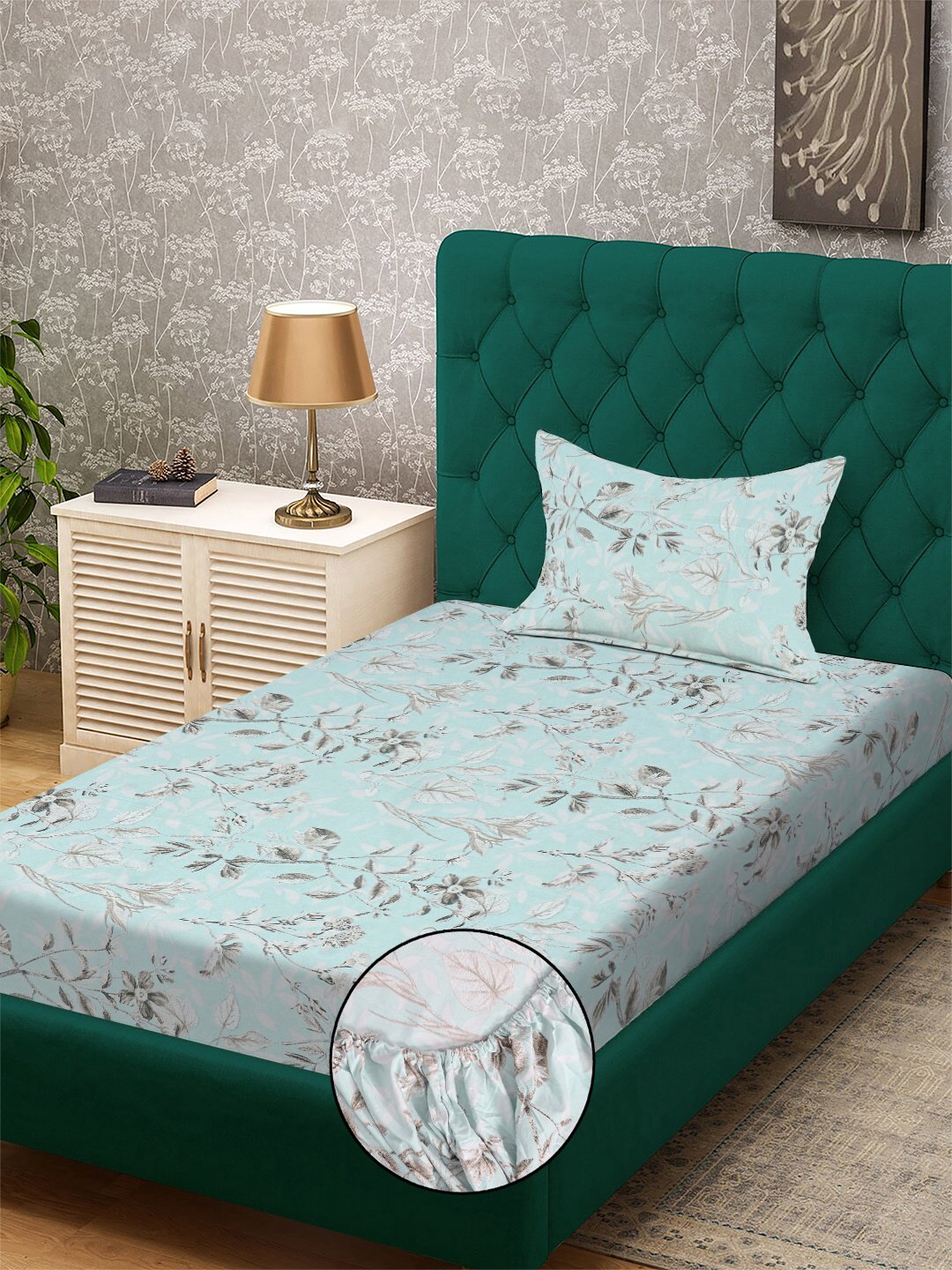 Green Floral 300 TC Cotton Blend Fitted Single Bedsheet with Pillow Cover