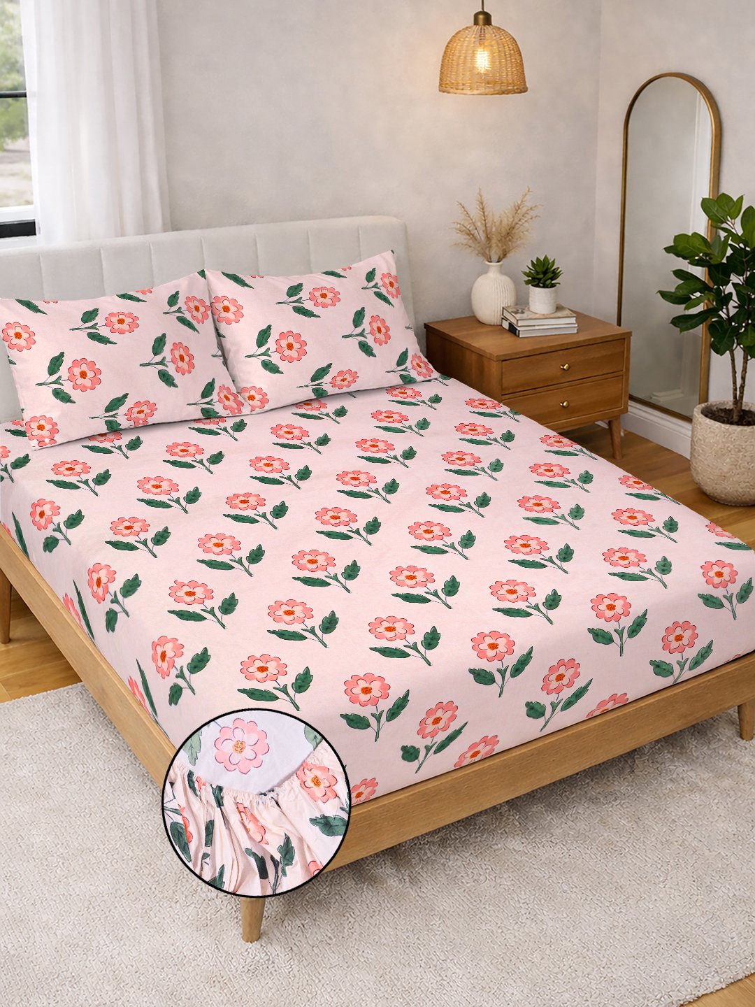 Pink Floral Cotton Blend Fitted Double Bedsheet with 2 Pillow Covers