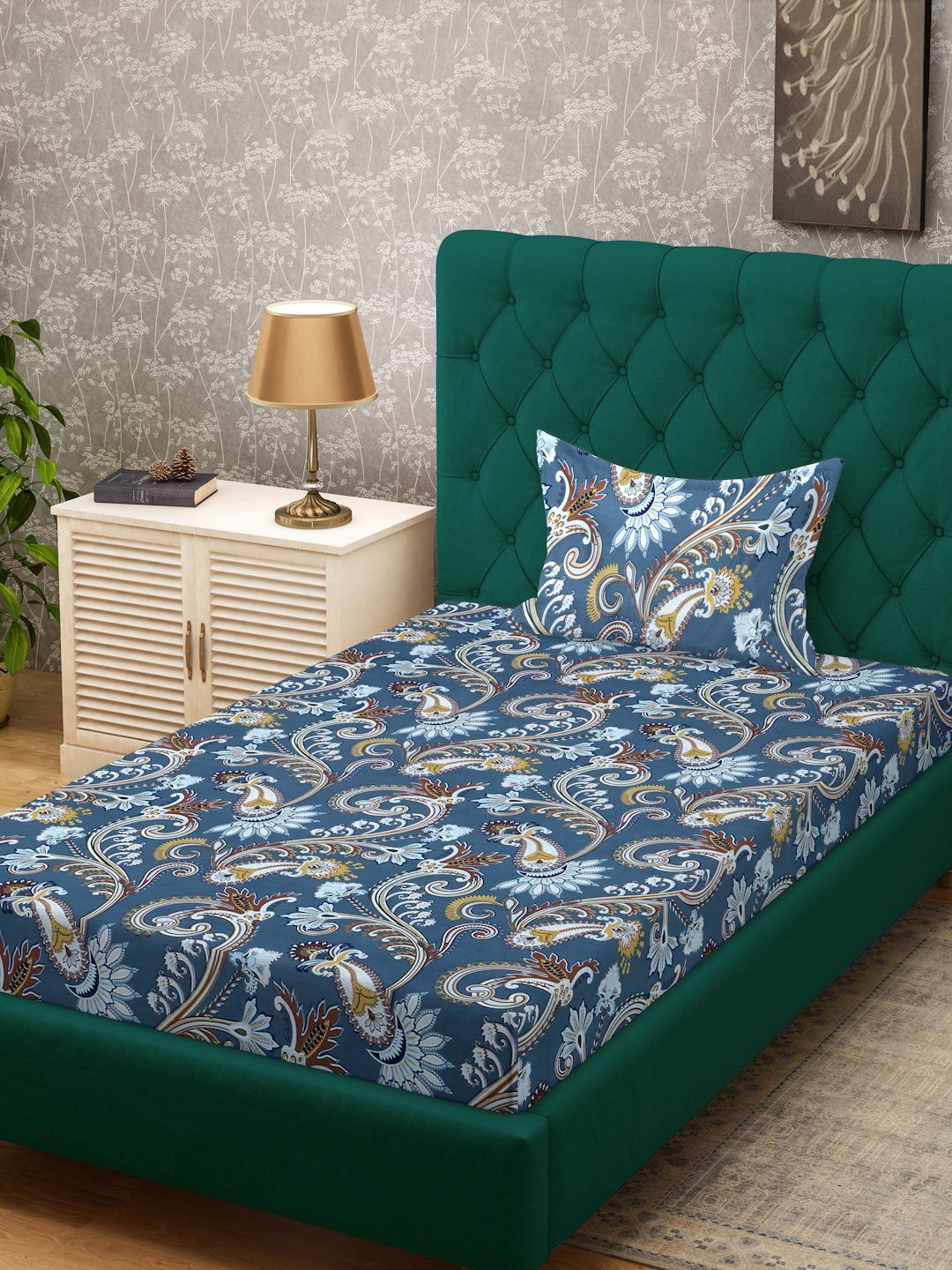 Blue Floral 300 TC Cotton Blend Single Bedsheet with Pillow Cover
