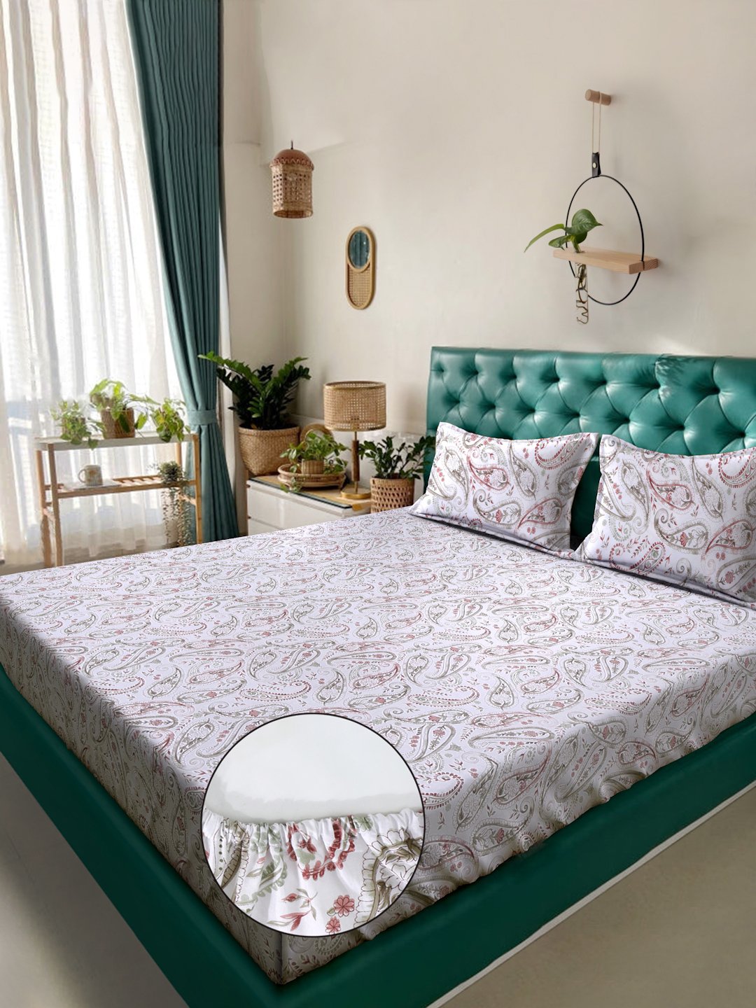 Multi Floral 400 TC Pure Cotton Fitted Double Bedsheet with 2 Pillow Covers