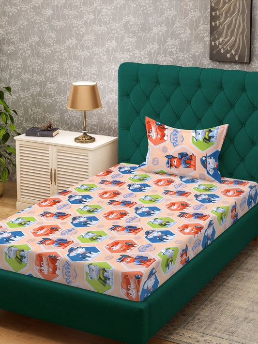 Multi Cartoon Characters 400 TC Pure Cotton Single Bedsheet with Pillow Cover