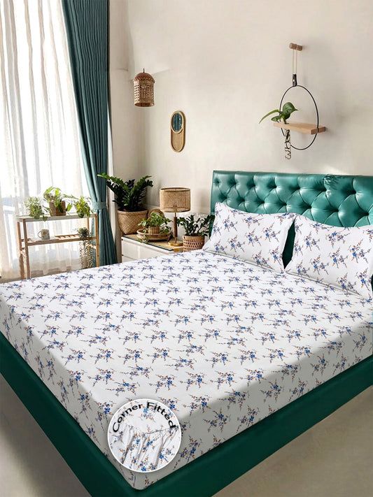White Floral 300 TC Cotton Blend Fitted Double Bedsheet with 2 Pillow Covers