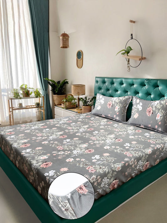Grey Floral 300 TC Cotton Blend Fitted Double Bedsheet with 2 Pillow Covers