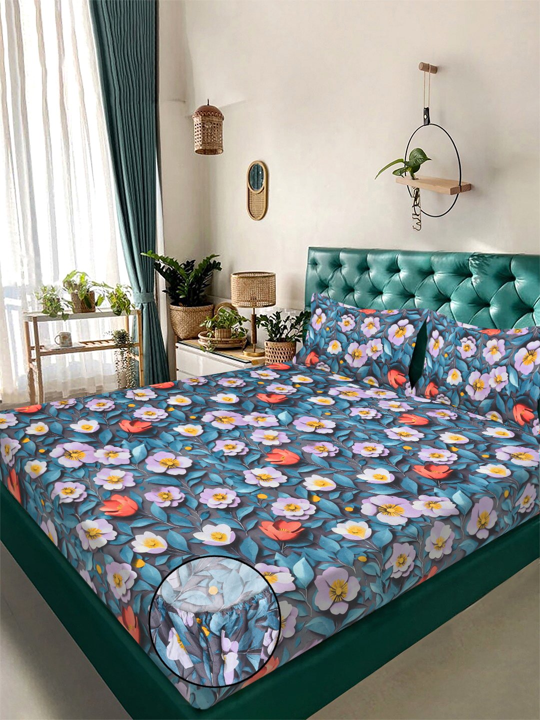 Blue Floral 7D King Size Cotton Blend Fitted Double Bedsheet with 2 Pillow Covers