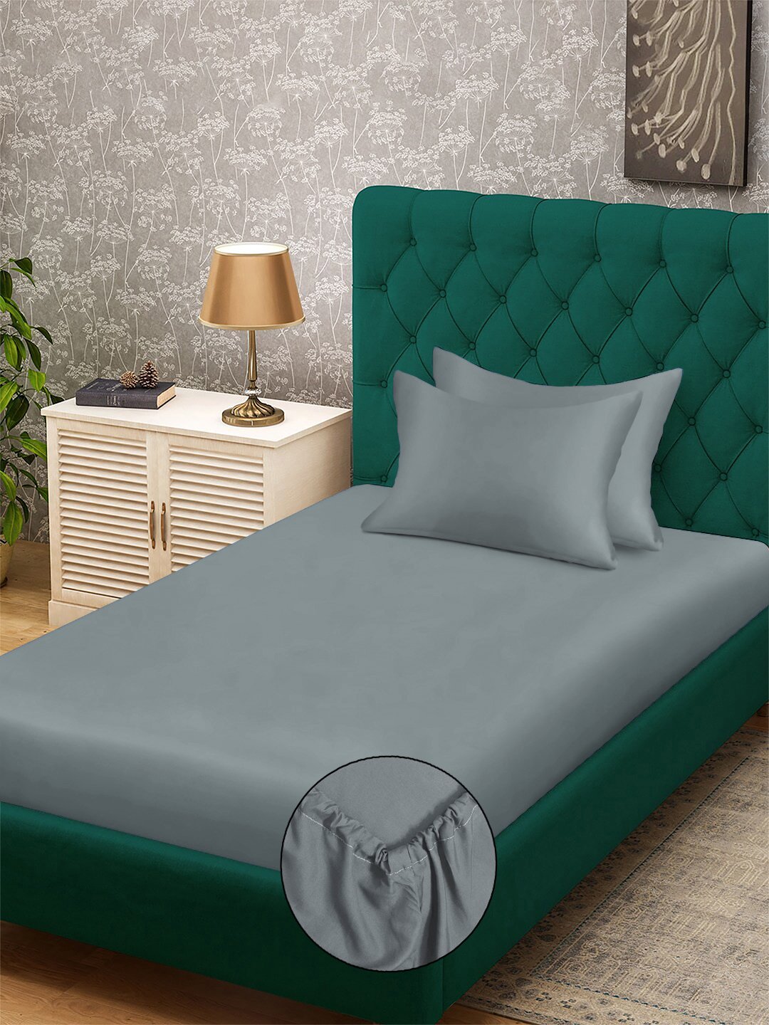 Grey Solid 300 TC Cotton Blend Fitted Single Bedsheet with 2 Pillow Covers
