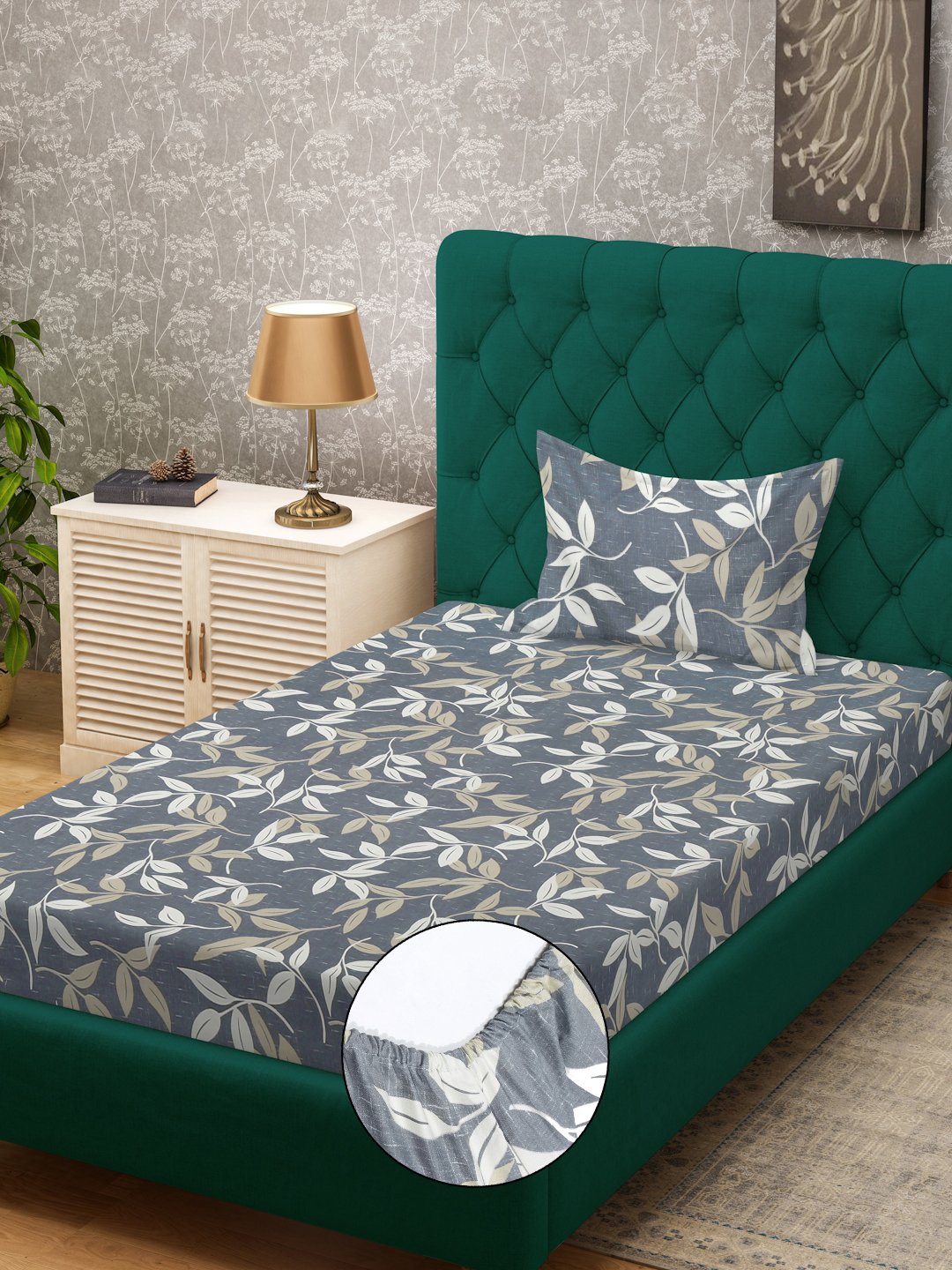 Grey Floral 300 TC Cotton Blend Fitted Single Bedsheet Set in Book Fold Packing
