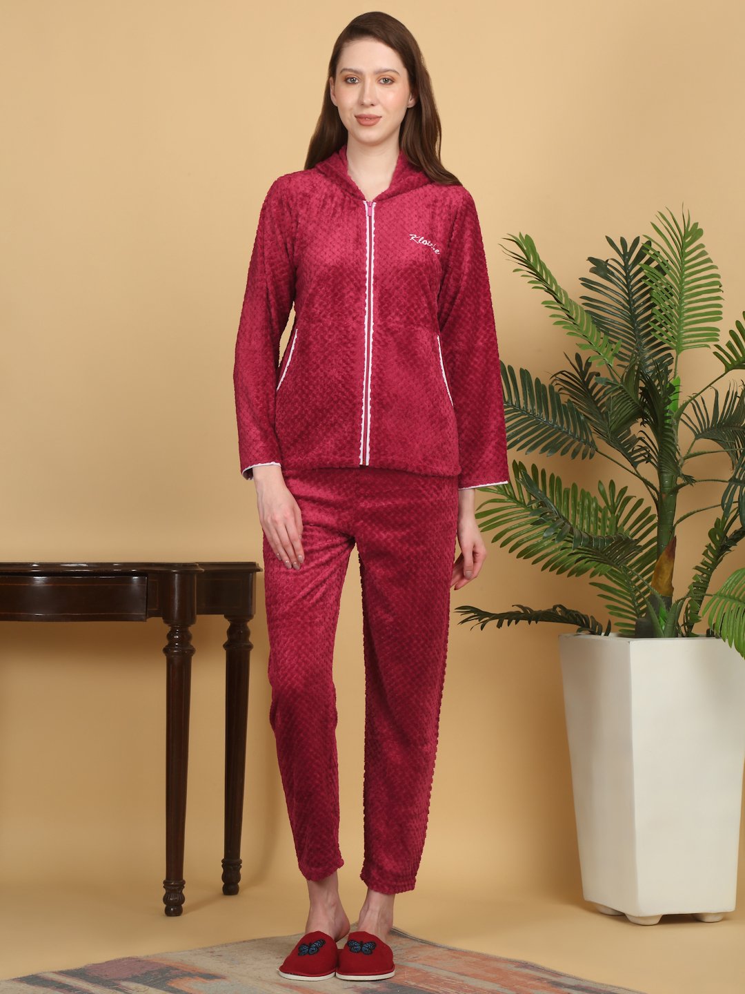 Women Red Solid Hooded Woolen Night Suit