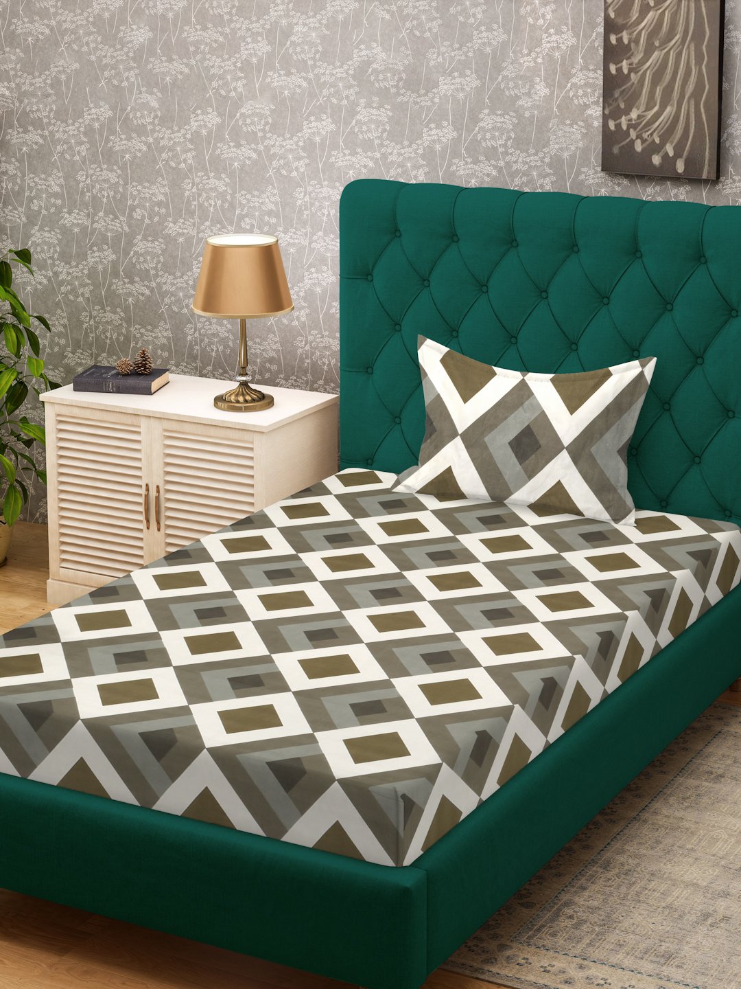 Multi Geometric 300 TC Cotton Blend Single Bedsheet in Book Fold Packing