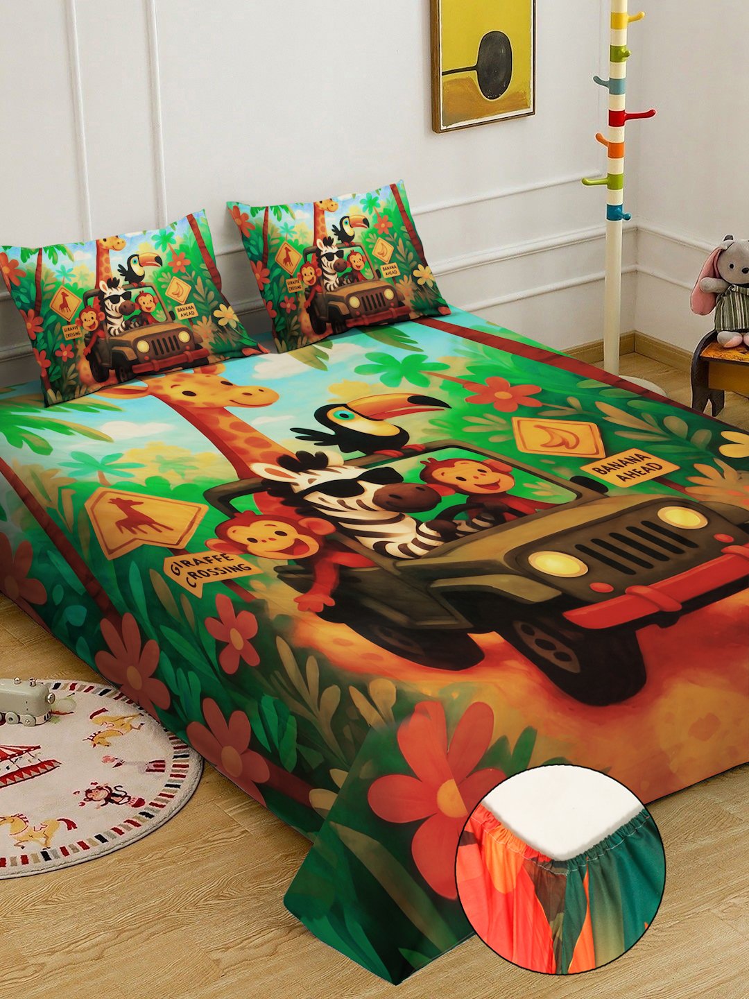 Multi Digital Animal Printed Cotton Blend Fitted Double Bedsheet with 2 Pillow Covers