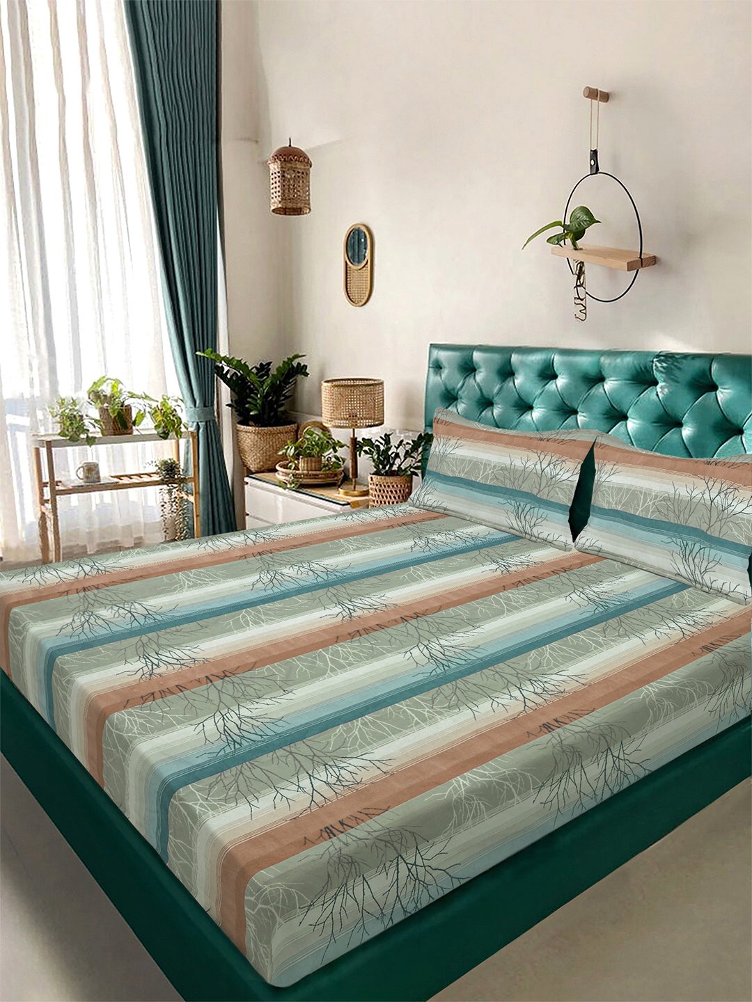 Multi Striped 300 TC Cotton Blend Double Bedsheet in Book Fold Packing