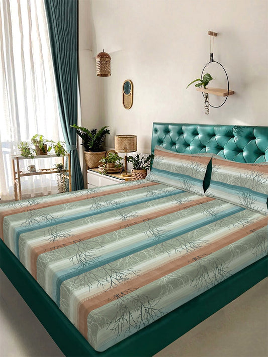 Multi Striped 300 TC Cotton Blend Double Bedsheet in Book Fold Packing