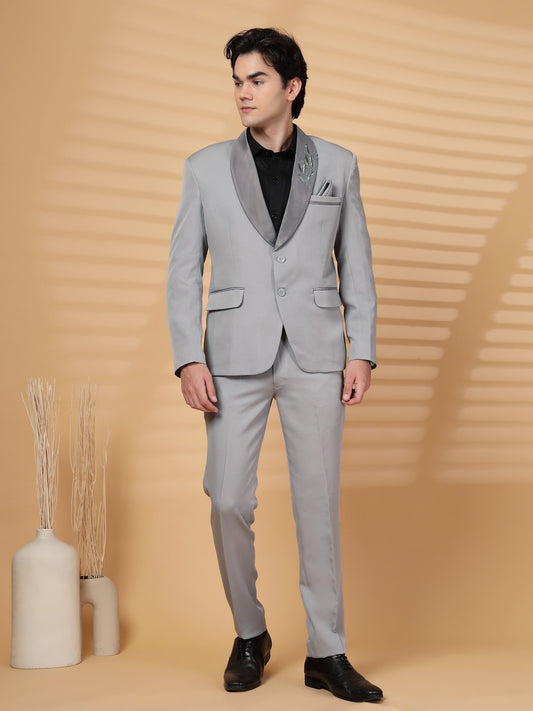 Grey Solid Embroidery Single-Breasted Two-Piece Party Suit