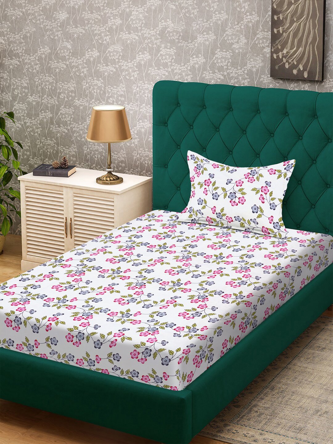 Cream Floral 300 TC Cotton Blend Single Bedsheet with Pillow Cover