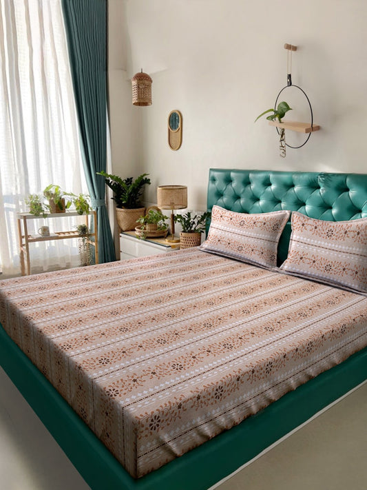 Beige Floral 400 TC Pure Cotton Double Bedsheet with 2 Pillow Covers