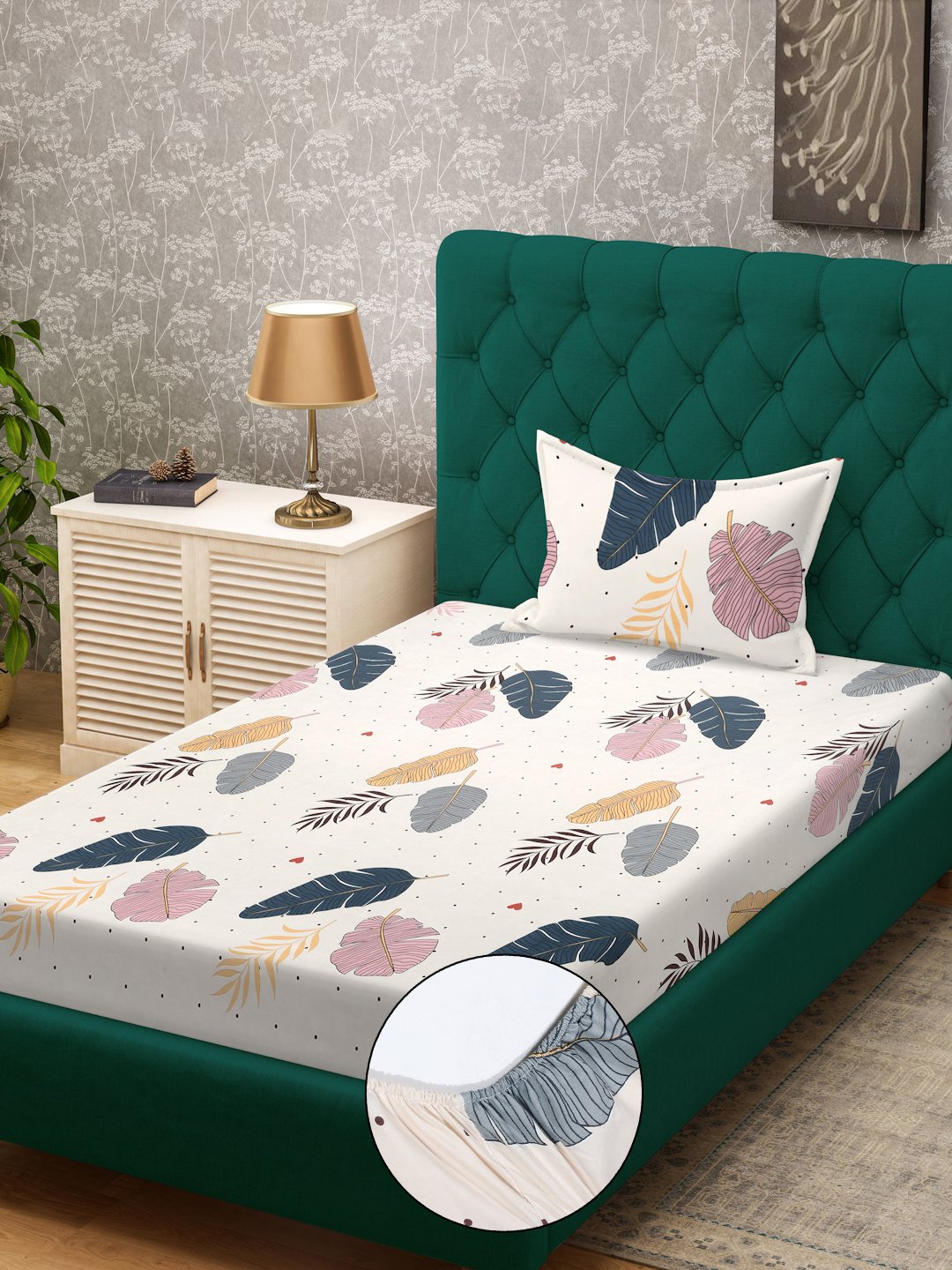 Cream Floral 300 TC Cotton Blend Fitted Single Bedsheet with Pillow Cover