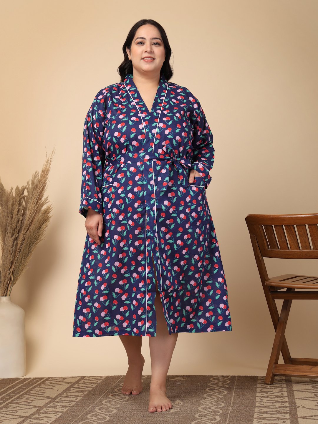Women Printed Blue Abstract Plus Size Pure Cotton Bath Robe With Belt