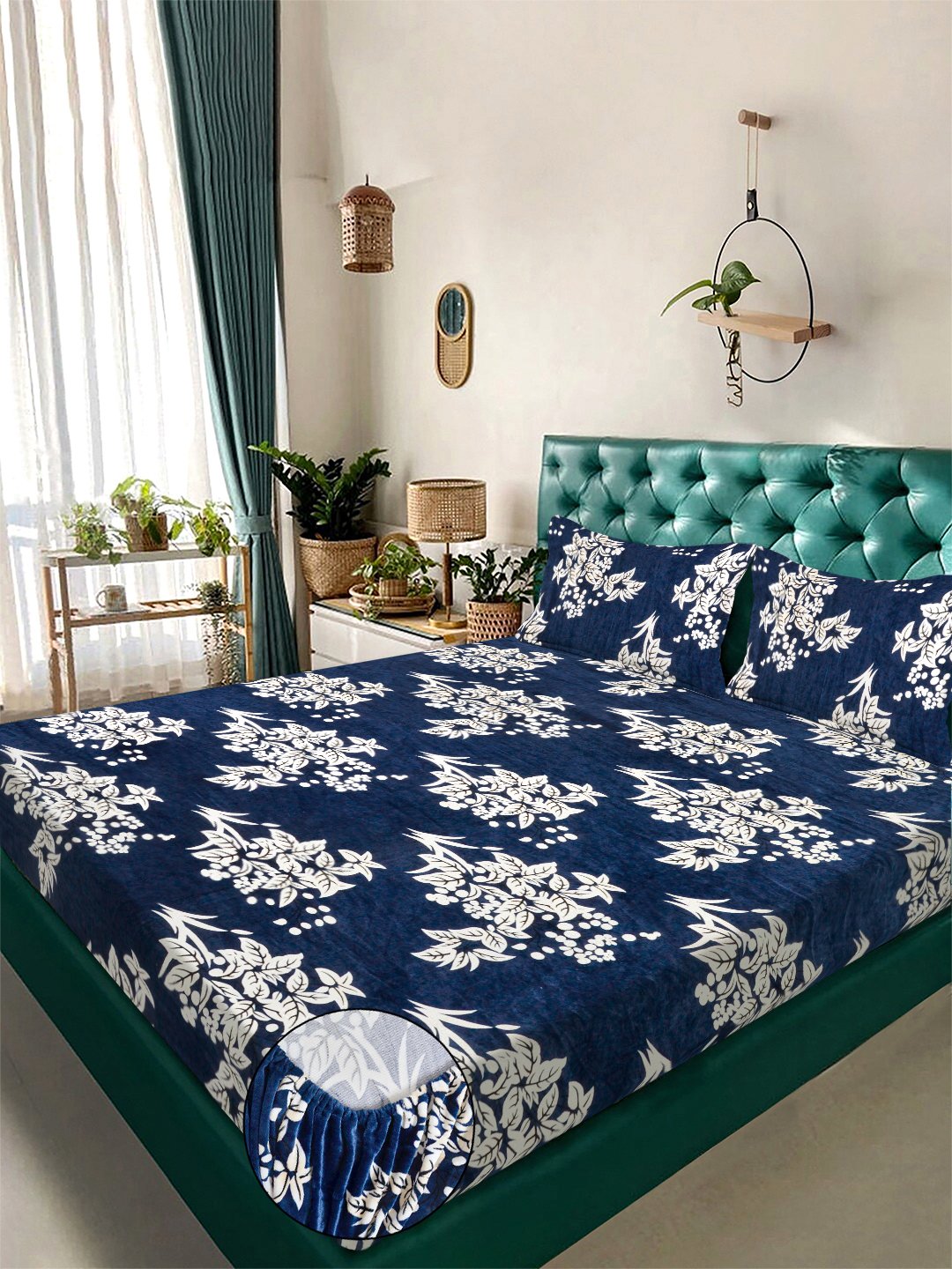 Blue Floral Super King Woolen Fitted Double Bedsheet with 2 Pillow Covers