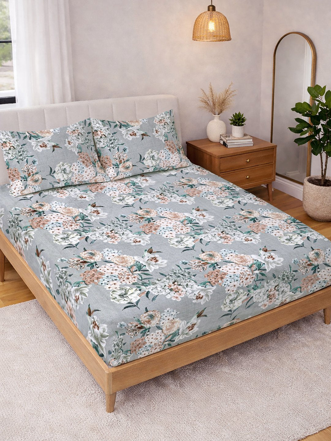 Grey Floral Cotton Blend Double Bedsheet with 2 Pillow Covers
