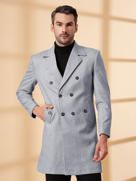 Grey Long Sleeve Double-Breasted Woolen Coat