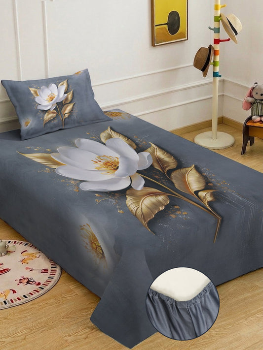 Grey Digital Floral Printed Cotton Blend Fitted Single Bedsheet with Pillow Cover