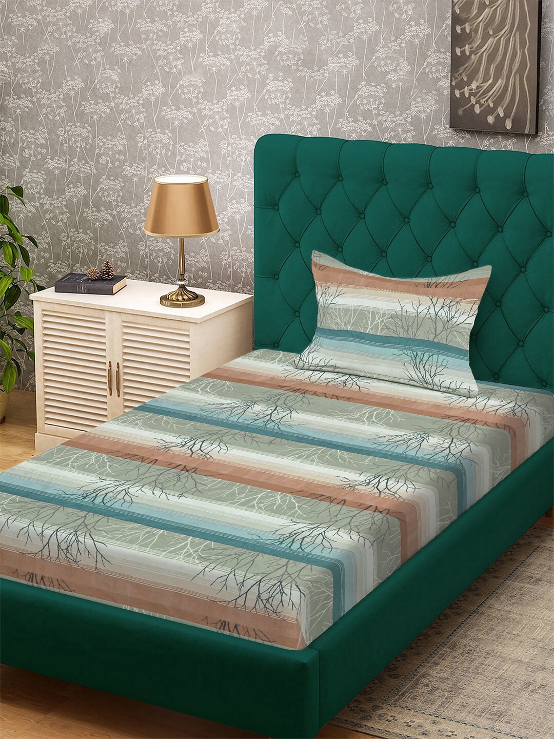 Multi Striped 300 TC Cotton Blend Single Bedsheet with Pillow Cover