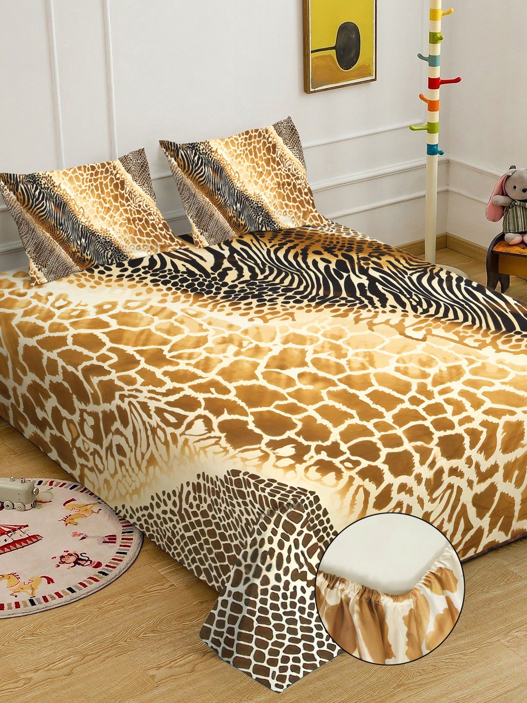 Brown 7D Geometric Printed Fitted Cotton Blend Double Bedsheet with 2 Pillow Covers