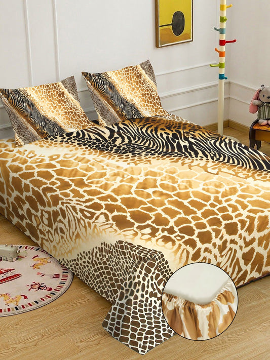 Brown 7D Geometric Printed Fitted Cotton Blend Double Bedsheet with 2 Pillow Covers