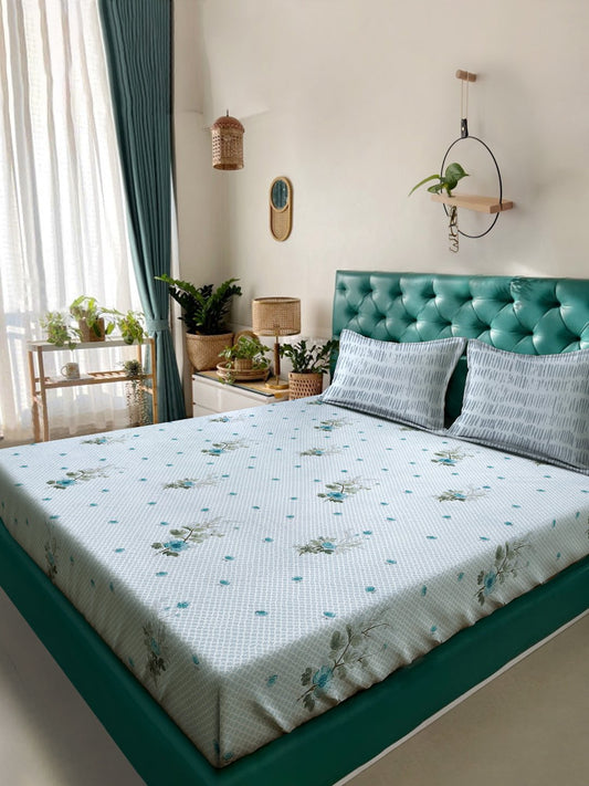 Grey Floral 400 TC Pure Cotton Double Bedsheet with 2 Pillow Covers