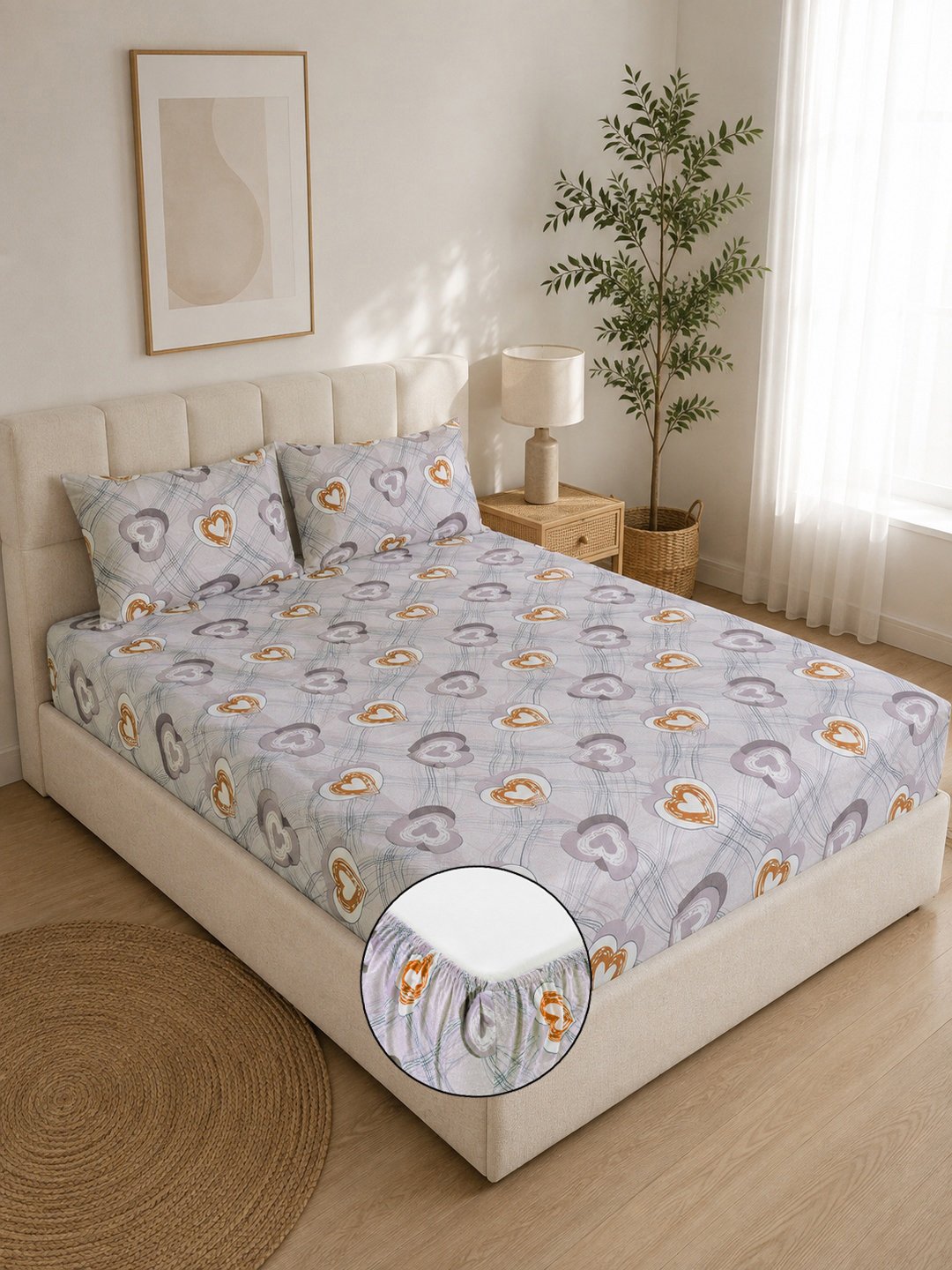 Beige Floral Cotton Blend Fitted Double Bedsheet with 2 Pillow Covers