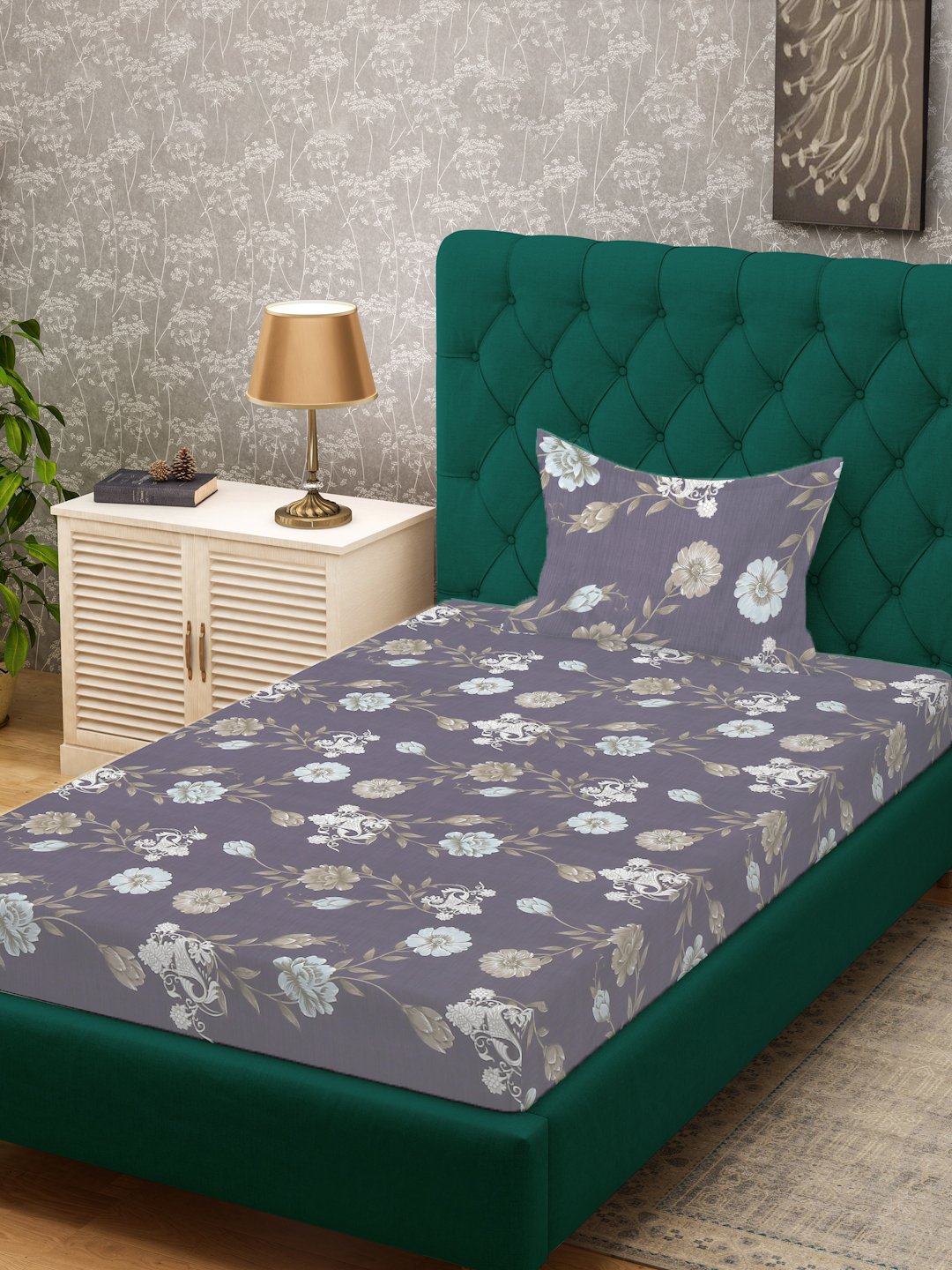 Multi Floral 300 TC Cotton Blend Single Bedsheet Set in Book Fold Packing