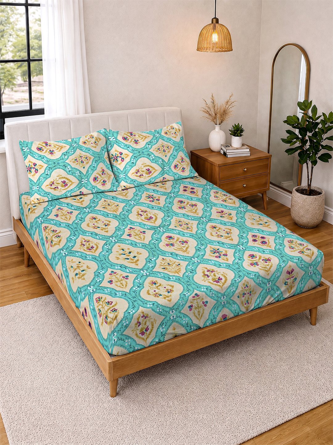 Multi Floral Cotton Blend Double Bedsheet with 2 Pillow Covers