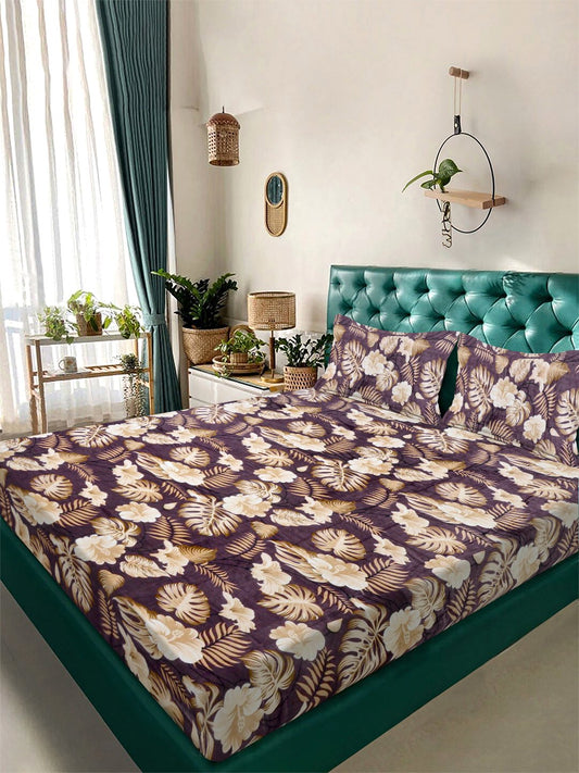 Brown Floral Super King Woolen Double Bedsheet with 2 Pillow Covers