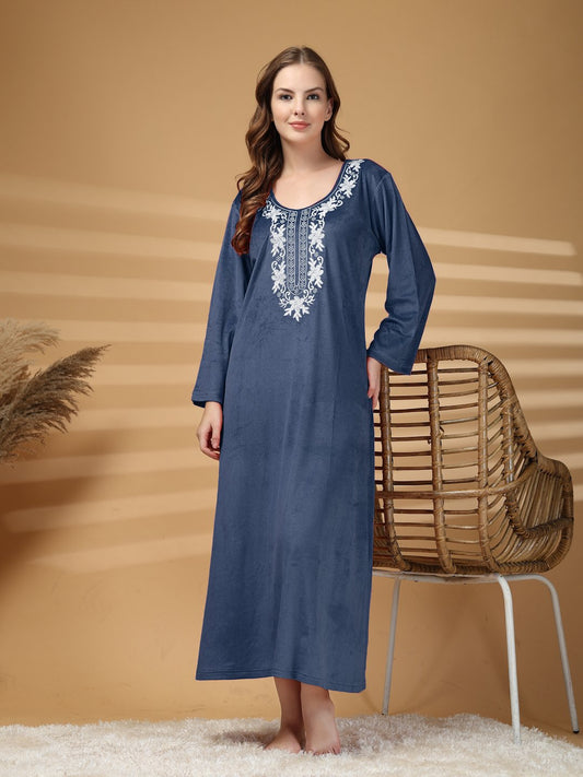 Klotthe Blue Solid Soft touch Velvet Maxi Nightdress