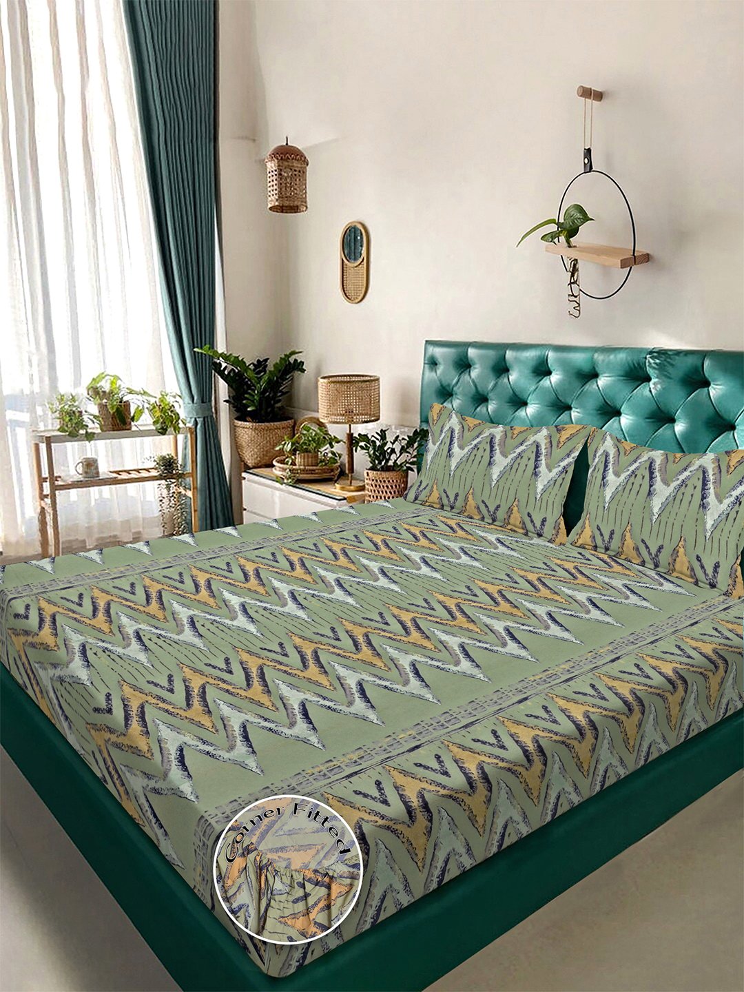 Green Geometric 300 TC Cotton Blend Fitted Double Bedsheet in Book Fold Packing