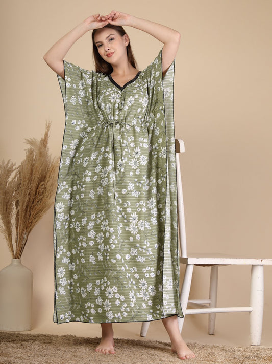 Olive Floral Cotton Blend Kaftan Maxi Nightdress