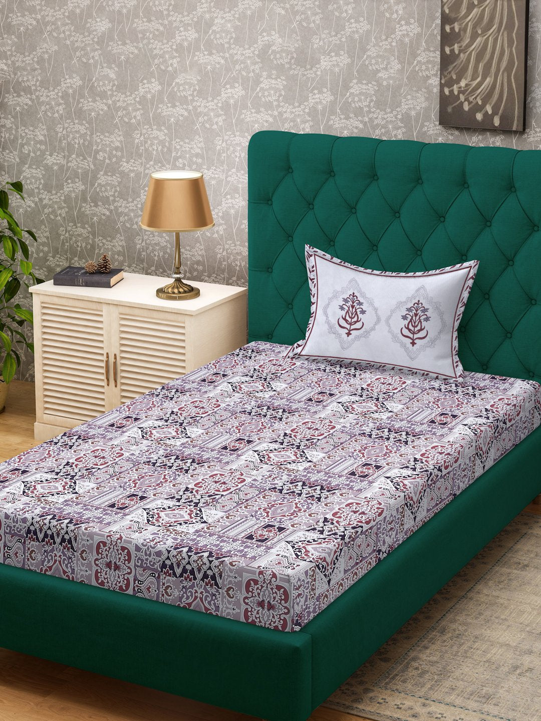 Purple Ethnic Motifs 400 TC Pure Cotton Single Bedsheet with Pillow Cover