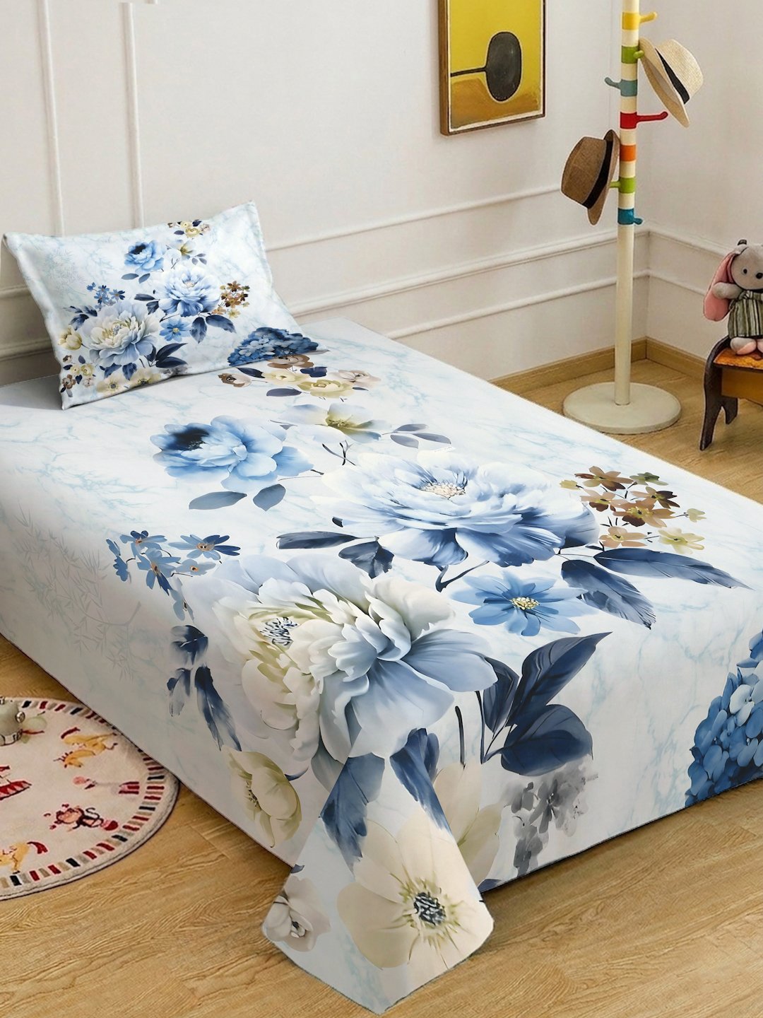 Blue Digital Floral Printed Cotton Blend Single Bedsheet with Pillow Cover