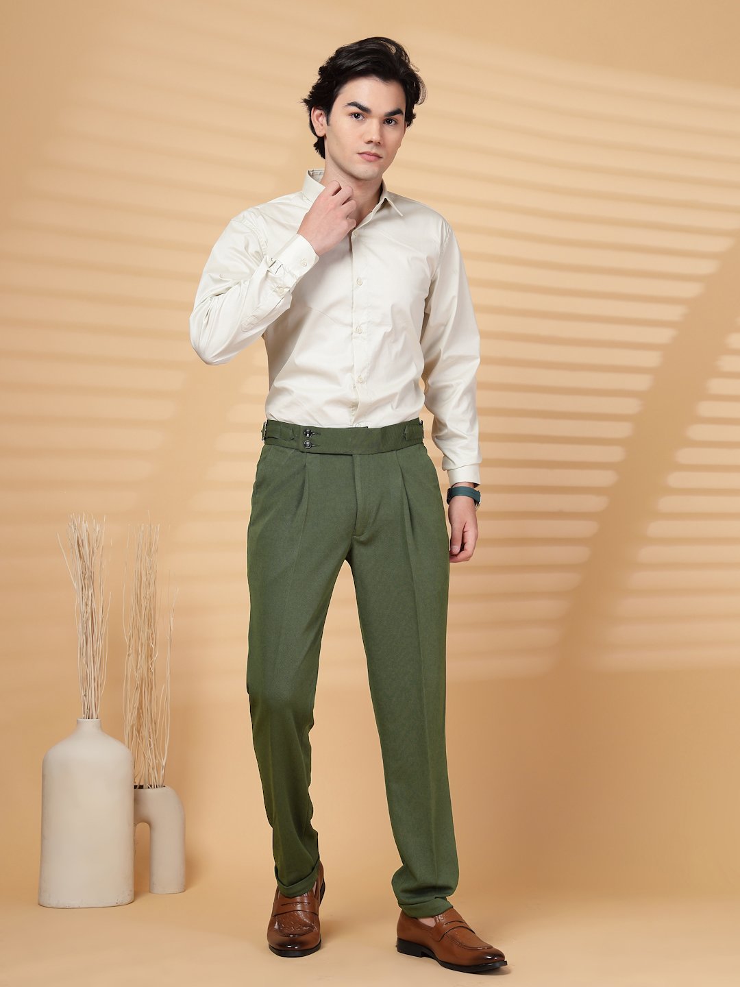 Olive Lycra Cotton Solid Smart Fit Formal Trouser