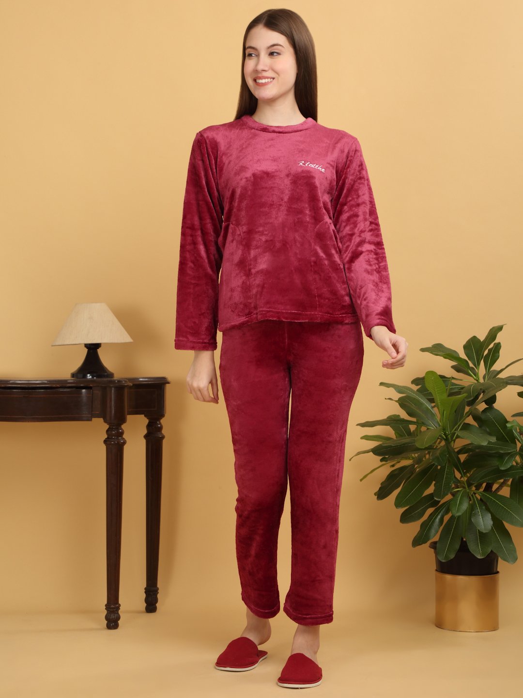 Klotthe Women Red Solid Woolen Night Suit