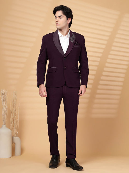 Wine Solid Embroidery Single-Breasted Two-Piece Party Suit