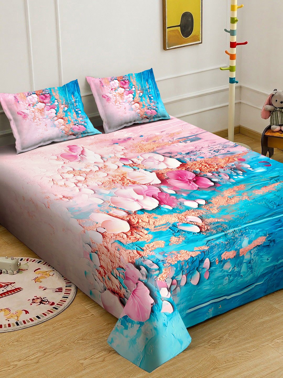Blue Digital Floral Printed Cotton Blend Double Bedsheet with 2 Pillow Covers