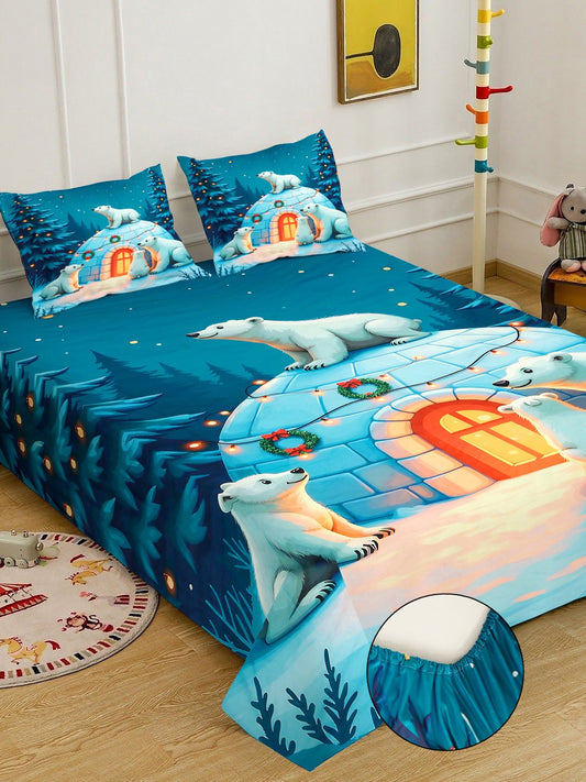 Blue Cartoon Characters 7D King Size Cotton Blend Fitted Double Bedsheet with 2 Pillow Covers