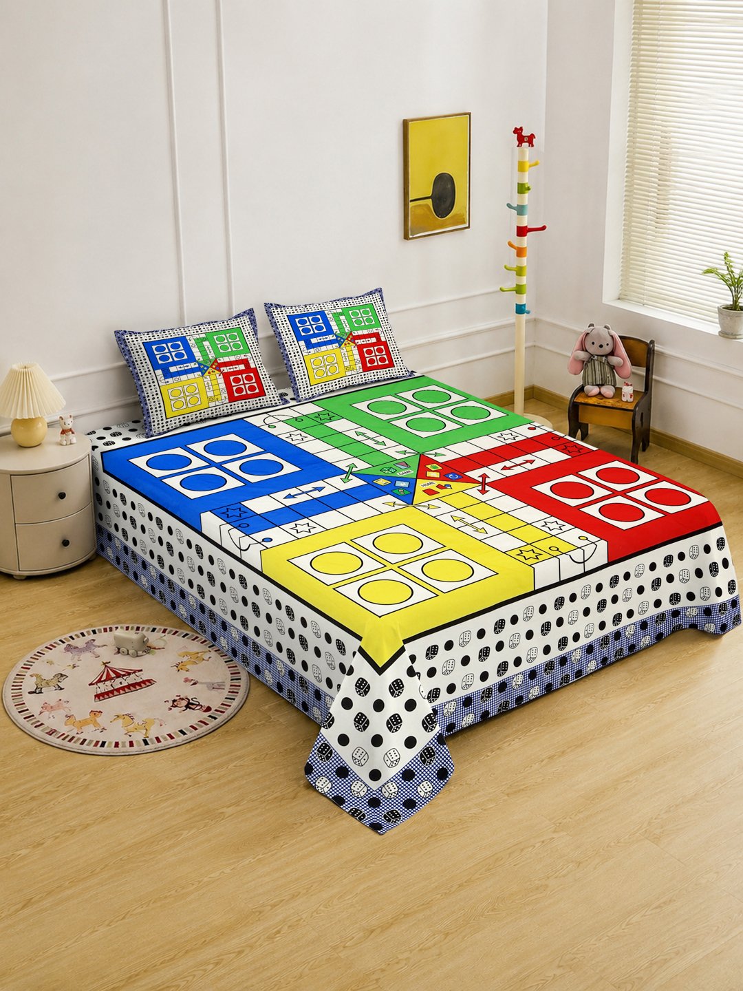 Digital Multi Geometric Cotton Blend Fitted Double Bedsheet with 2 Pillow Covers