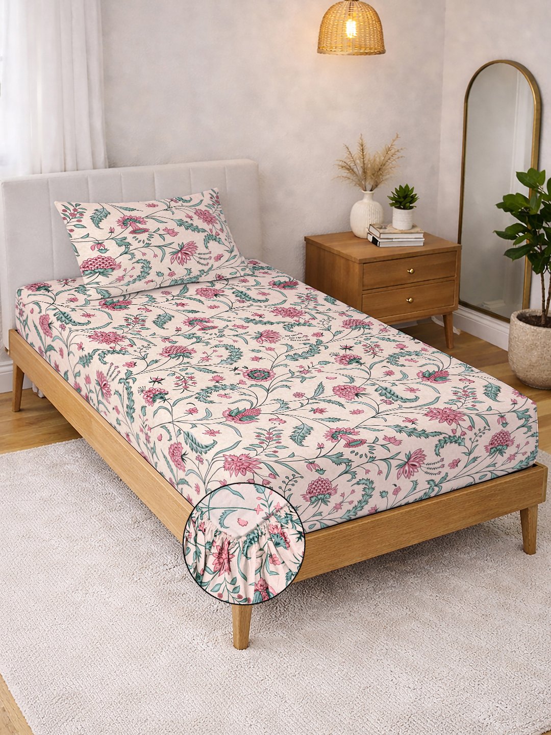 Beige Floral Cotton Blend Fitted Single Bedsheet with Pillow Cover