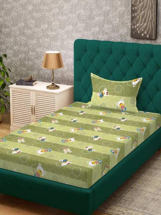 Green Cartoon Characters 400 TC Pure Cotton Single Bedsheet with Pillow Cover