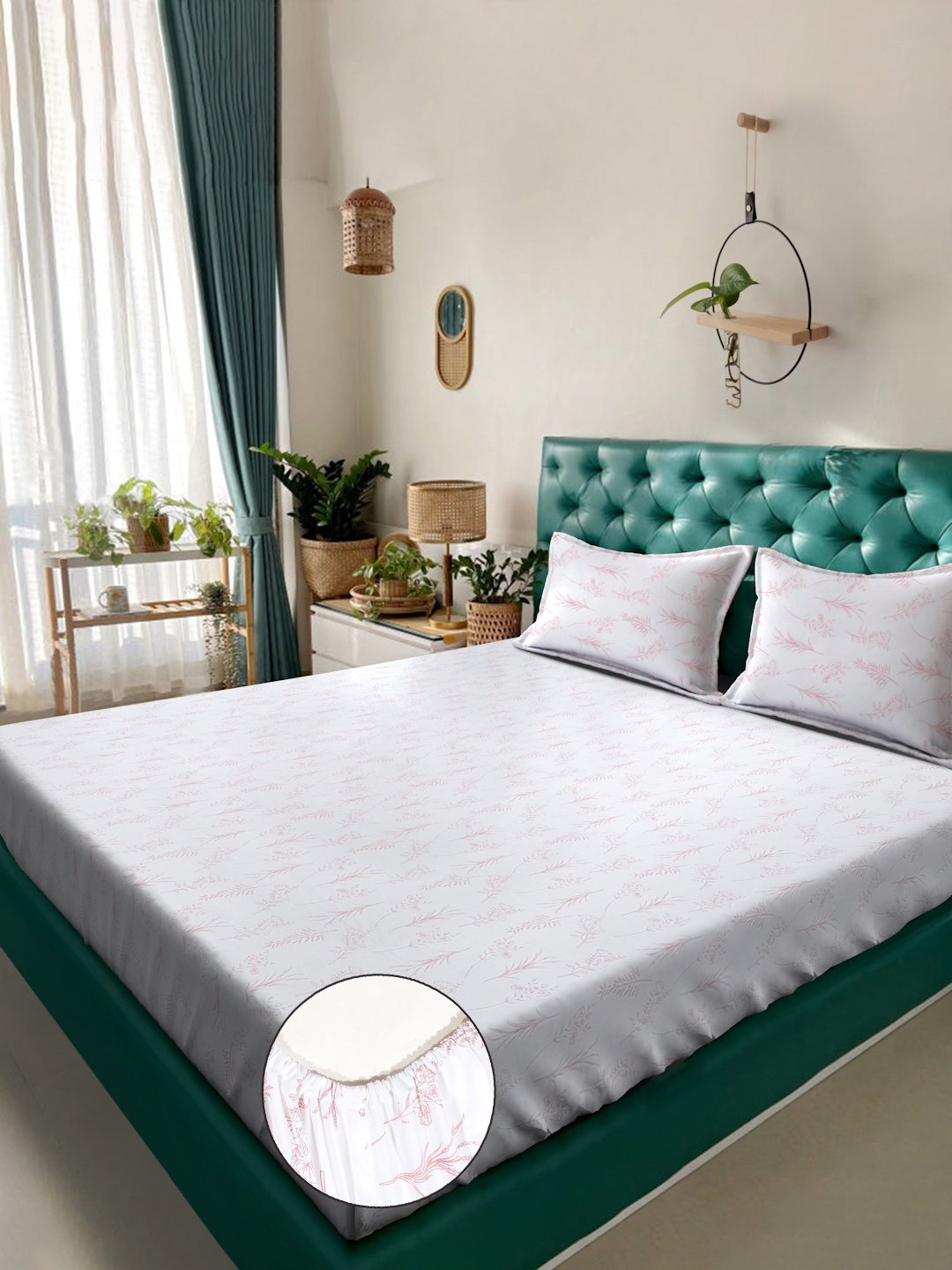 White Floral 400 TC Pure Cotton Super King Double Bedsheet with 2 Pillow Covers