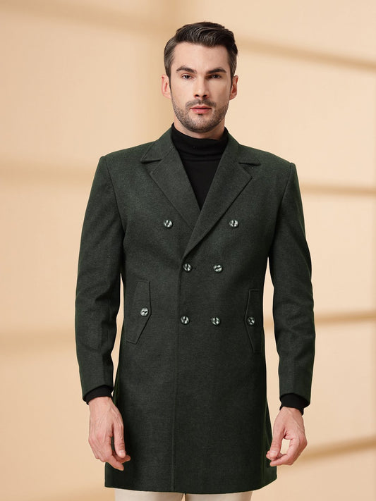 Olive Long Sleeve Double-Breasted Woolen Coat