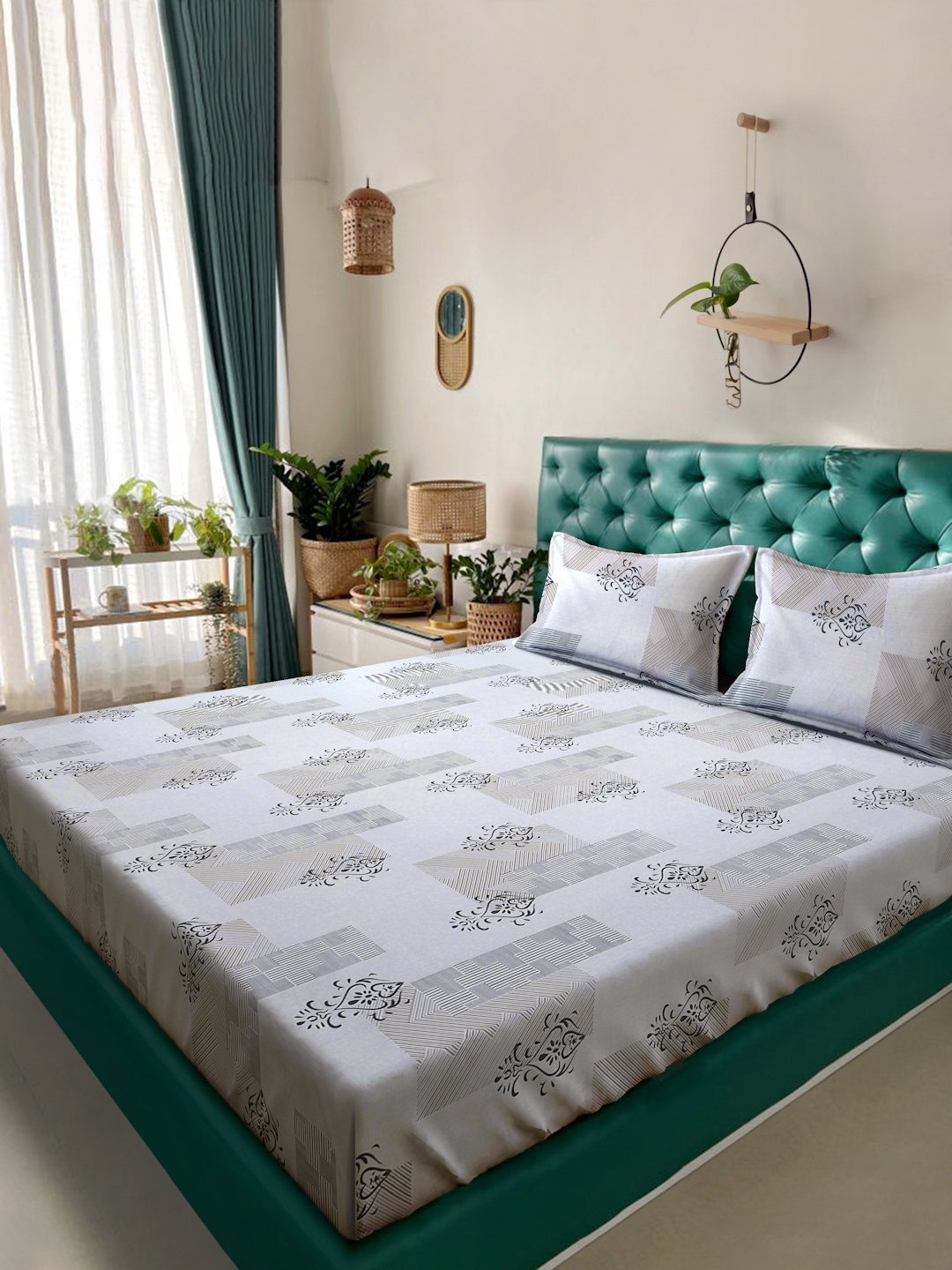 Grey Ethnic Motifs  300 TC Cotton Blend Double Bedsheet in Book Fold Packing