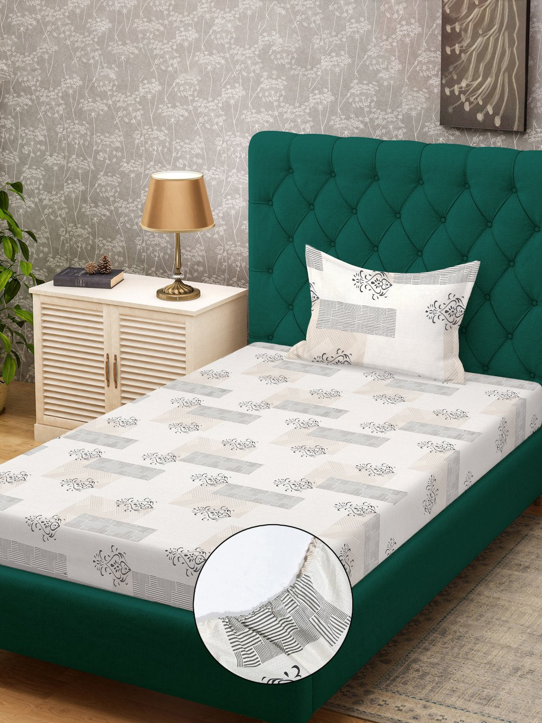 Cream Ethnic Motifs 300 TC Cotton Blend Fitted Single Bedsheet with Pillow Cover