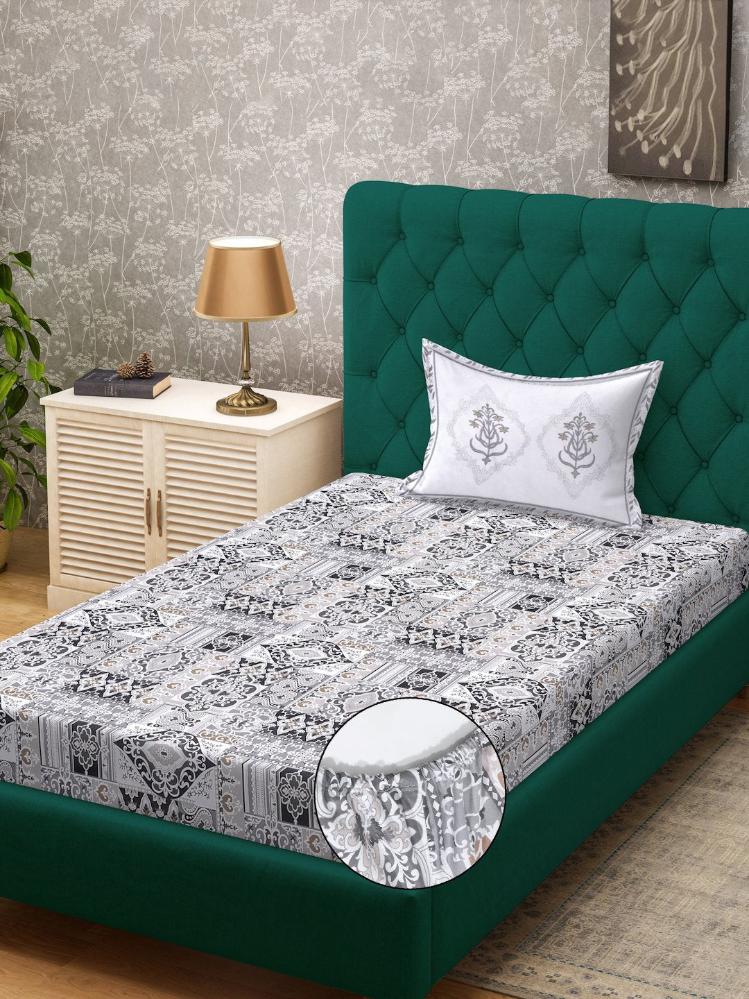 Multi Ethnic Motifs 400 TC Pure Cotton Fitted Single Bedsheet with Pillow Cover